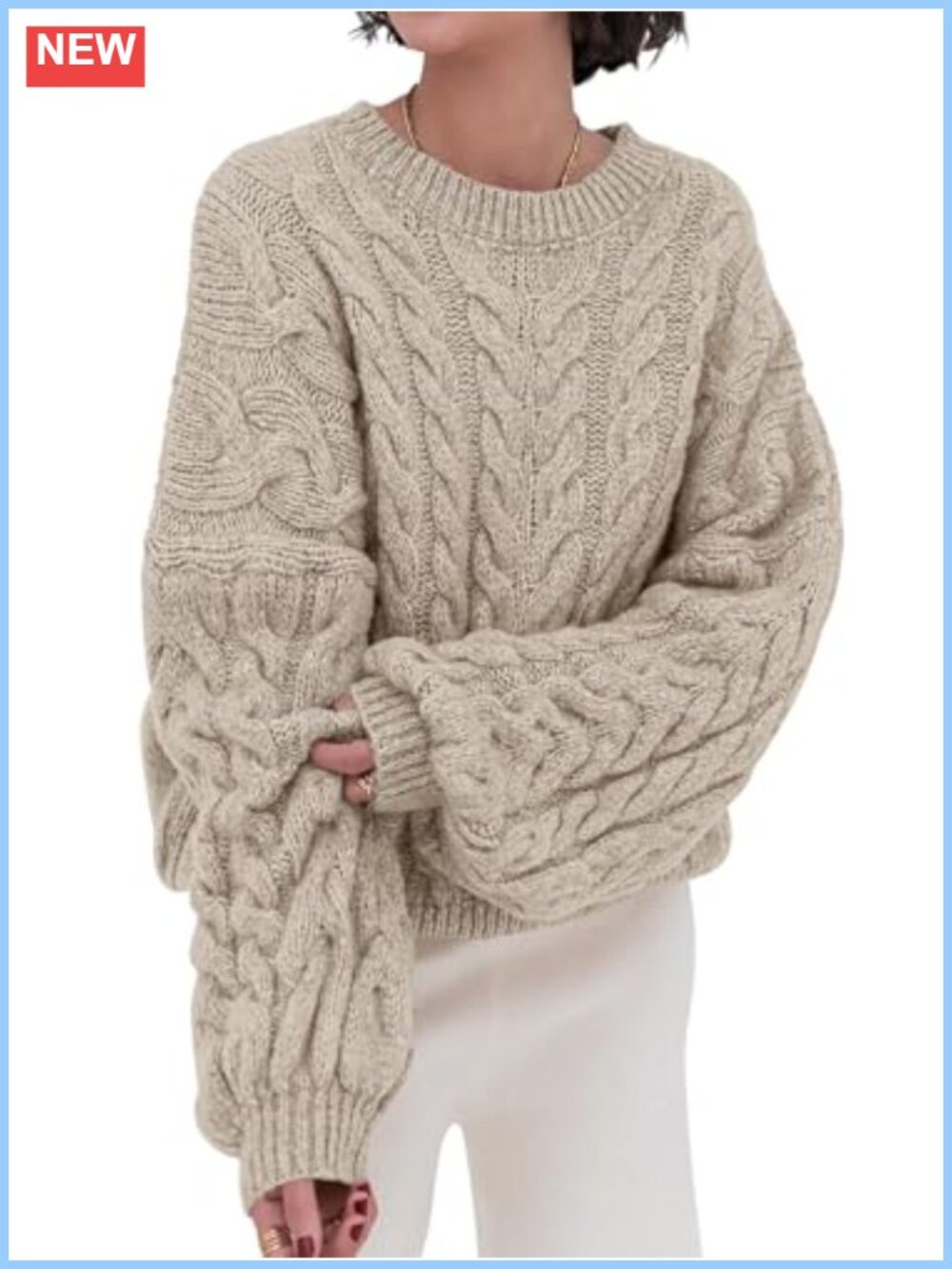 Oversized Cable Knit Chunky Crewneck Long Sleeve Pullover Sweater